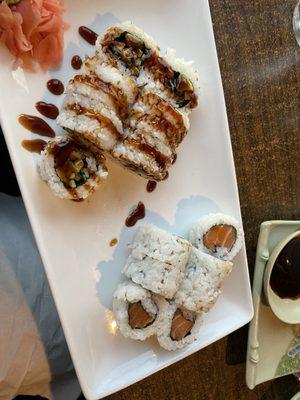 Eel roll and a spicy salmon roll