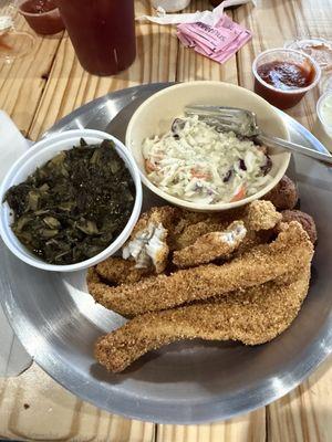 Fried catfish, greens and Cole slaw.