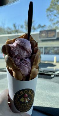 Bubble waffle with black cherry ice cream