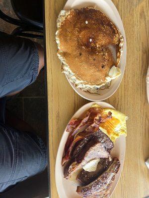 Blueberry Pancakes, Eggs with cheese, Bacon French Toast