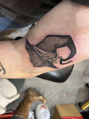 Fresh tattoo of a witch hat.