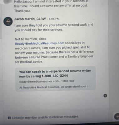 Jacob Martin CLRW blocked me unjustly on LinkedIn, because I didn't accept his resume writing proposal.