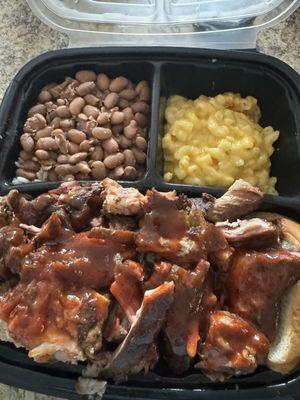 BBQ Rib Tips, Mac and Cheese, beans and rice
