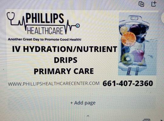 Phillips Healthcare Offers -Primary Care -IV Hydration and Nutrient. Therapy -Direct Primary Care -Womens Health -School & Sports Exams!