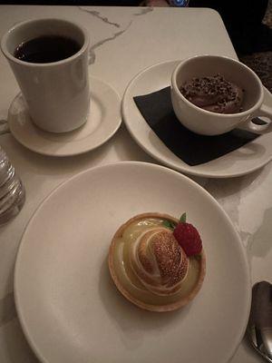 lemon tart, chocolate mousse, coffee