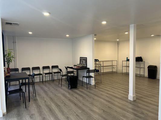 Waiting area for parents and shelving area for equipments and fencing bags