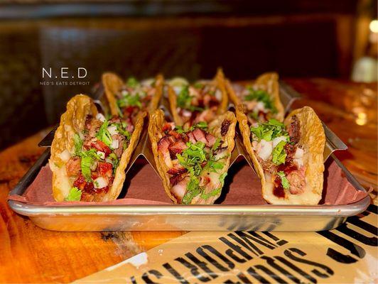 Beef Brisket, Pig Belly Burnt Ends, and Pulled Pork Tacos