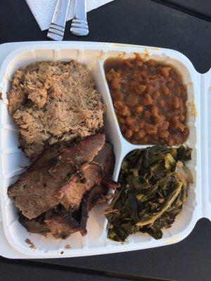 Brisket and Pulled Pork with Beans and Collard Greens