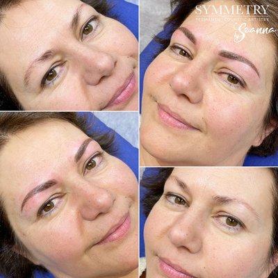 Before and immediately after soft powder brows