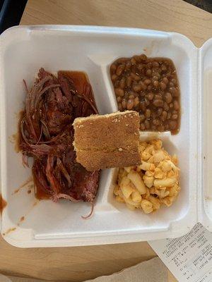 Brisket, Beans, Mac & Cheese with cornbread.
