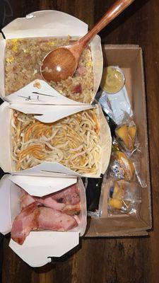 Pan fried noodles. Pork fried rice. Pork meat