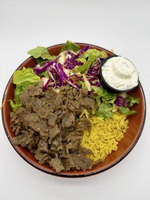 Rice Bowl with Gyro Romaine Lettuce, Shredded Cabbage and Tzatziki