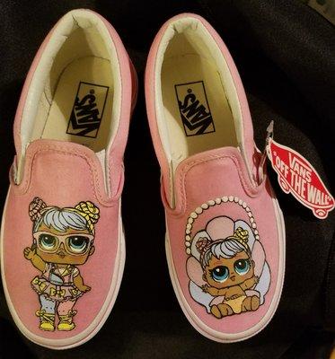 Custom painted shoes. LOL doll Bon Bon and her little sister. Golden Acrylics on canvas shoes.