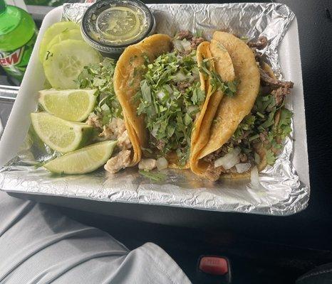 Two carne asada tacos and one pollo taco