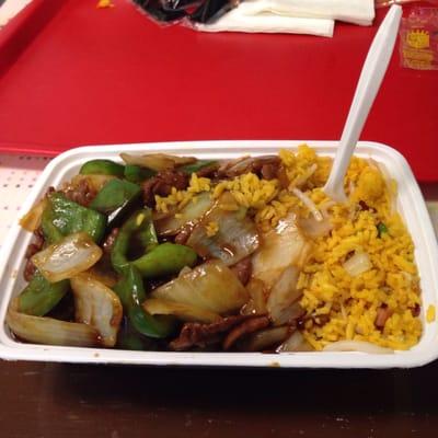 Pepper Steak with Pork Fried Rice. It was good and the rice didn't taste dry like it's been sitting for days. =D