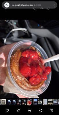 This Hot handmade churro dish with hot cherry sauce also came with vanilla ice cream ` ate it and tried the hot apple pie one ~ So good