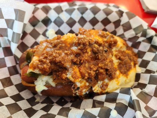 All beef, pretzel bun, chili, cheese sauce and bacon