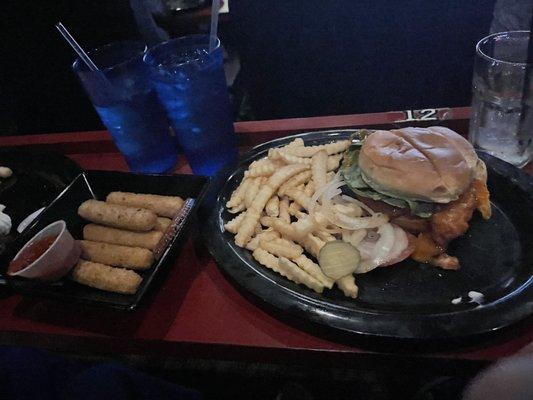 Spicy Chicken Sandwich with Mozzarella Sticks