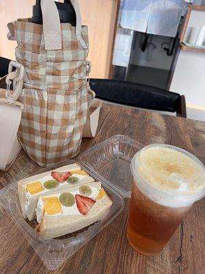 Mixed fruit sando and hojicha corn tea cloud