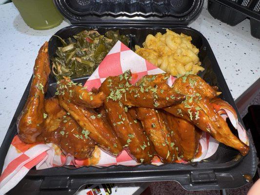 Hot honey Chicken Wing Dinner, Mac and cheese, collard greens.