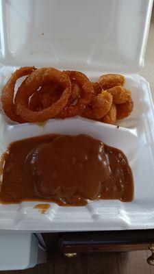 Hamburger Steak in Gravy, with Onion Rings and Corn Fritters