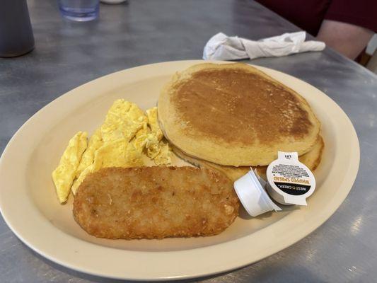 One Egg and Two Pancakes with Hashbrown Patty