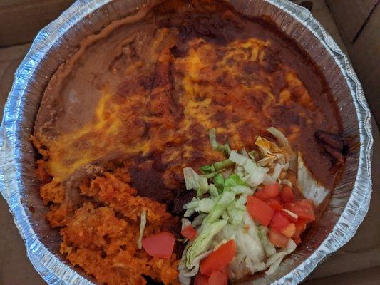 Cheese enchilada meal (with rice and beans)