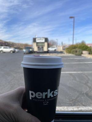 16 ounce caramel macchiato with oat milk for the road home!