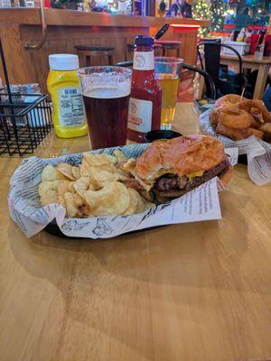 Loaded Islander burger with mushrooms, bacon, two cheeses and grilled onions. Fresh ground beef from the local market.