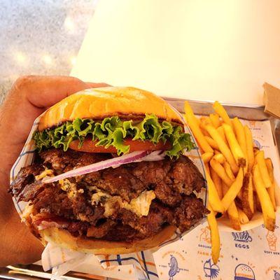 Super Burger with Cabozola Blue Cheese, Mushrooms, and Bacon.