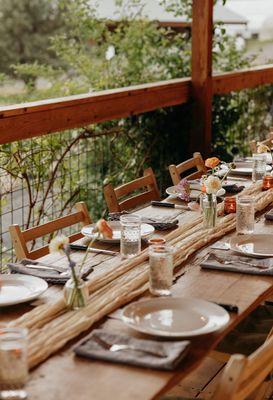 The table scape of a private event. To host events at Rainshadow send an inquiry from our website!