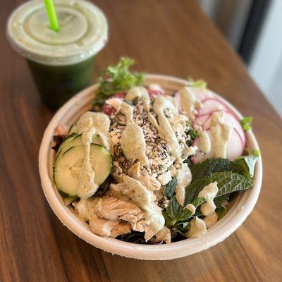 Supergreen Goddess Salad and Green Me Up fresh-pressed juice.