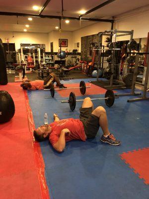 Blair and Deon killing it this morning !! 6 part complex Power Clean S2O Upright row Bent over row Push-up Rollout