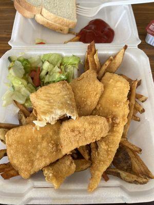 Fish Box, flounder, fresh cut fries, garden salad, white bread