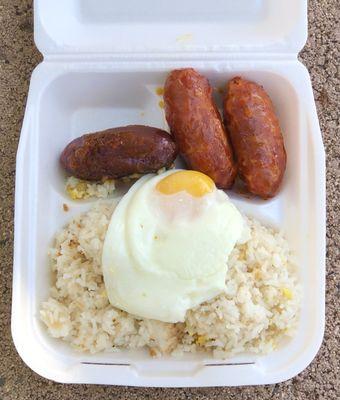 Breakfast Combo Meal - One Item Meal - Longanisa (aka: sweet sausage) $11.99 - Comes with fried egg & garlic fried rice. (Above View)