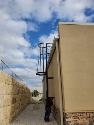 Rooftop ladder with protection cage