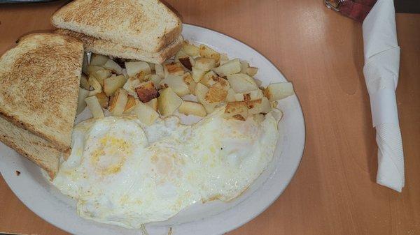 Eggs, taters, and toast.