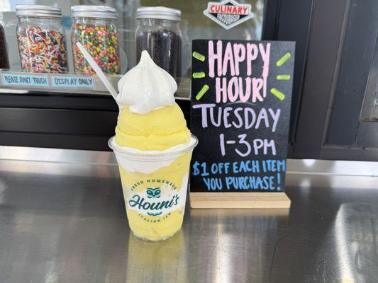 Large Gelati Pineapple Italian ice and frozen Vanilla custard. Note: Happy Hour = Lunch hours.