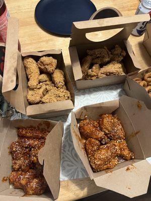 Whole fried chicken, spicy garlic, sweet korean wings