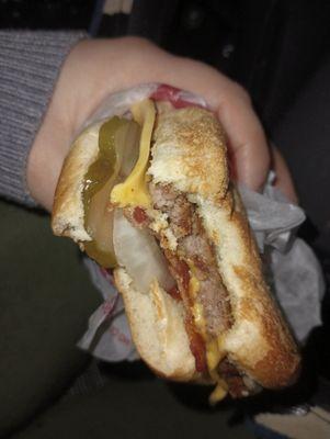 Junior bacon cheeseburger. Good amount of bacon. Great quality toppings, lettuce and tomatoes at this location, food is just usually cold