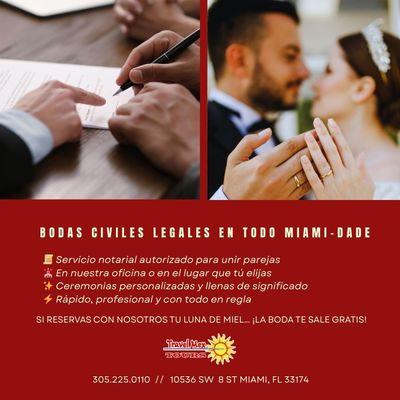 Casamientos y notaría en Miami. Oficina o a domicilio. Si reservas tu luna de miel con nosotros, ¡la boda es GRATIS!