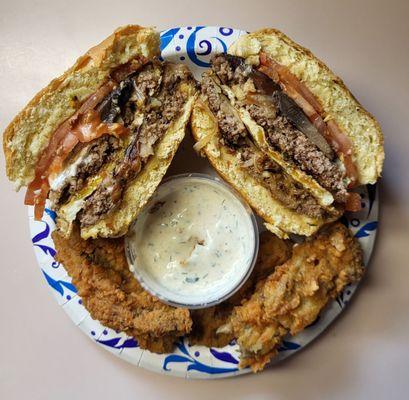 T-bone and fried portobello mushrooms