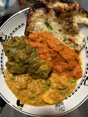 Mutter Paneer Chicken Saag Butter Chicken Garlic Naan Bread. All fire! Addicted.