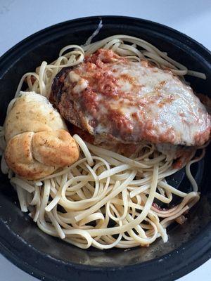 This is the eggplant parm that I pay 27.00 for. The Greek salad was half a portion $12. You decide.