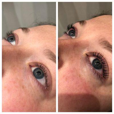The lash lift and tint restructures lashes so they are beautifully lifted and curled!