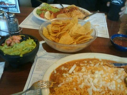 Top: Mexican Steak / Middle: Fresh Guacamole and Chips / Bottom: Chile Verde Beef Burrito