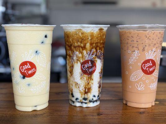 Mango slush / brown sugar milk tea / Thai ice tea (all with boba)