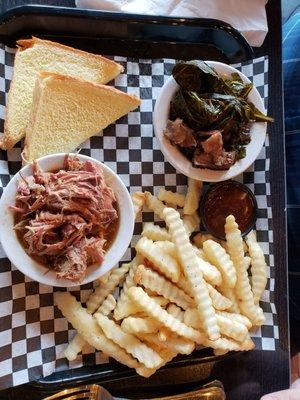 Pulled pork - collard greens and crinkle fries