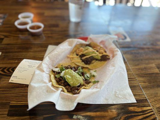 Caren asada taco and surf and turf taco! Both tasty