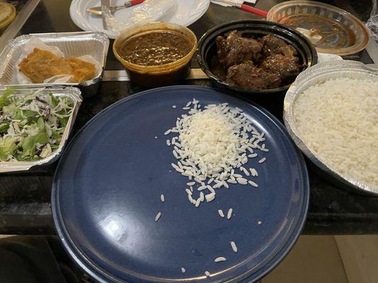 Stew chicken, lentil, white rice. Macaroni pie slice,salad